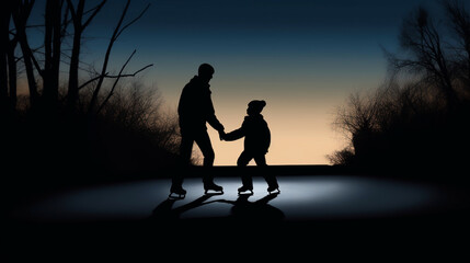 Fototapeta na wymiar Silhouette of father and son ice skating Generative AI