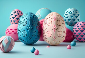 Multicolored, Easter Egg background. Beautiful Pink, White and Blue Eggs with Floral and Triangle patterns. 3D Render. Generative AI