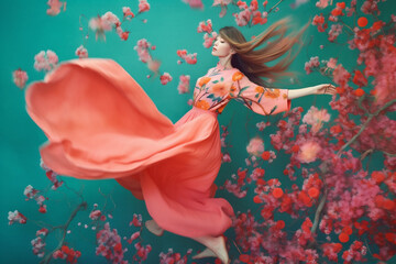 woman beauty flower falling colorful art spring peony fashion flying lady. Generative AI.