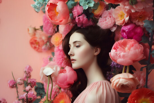 summer woman flower rose bouquet fashion beauty art portrait spring peony. Generative AI.