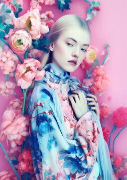 art woman young portrait summer fashion peony spring flower bouquet beauty. Generative AI.