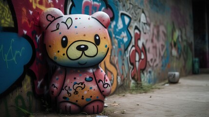 toy portrait, teddy bear with graffiti wall in urban street, Generative Ai