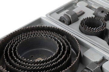 A set of Hole saws in different sizes for cutting holes in wood and drywall