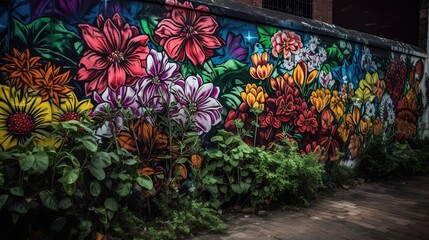 graffiti wall paint in flower field, urban city with wall art, Generative Ai