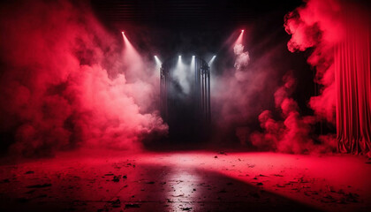 immerse yourself in an ethereal world: empty dark stage transformed with mist, fog, and red smoke, perfect for showcasing artistic works and products. generative ai