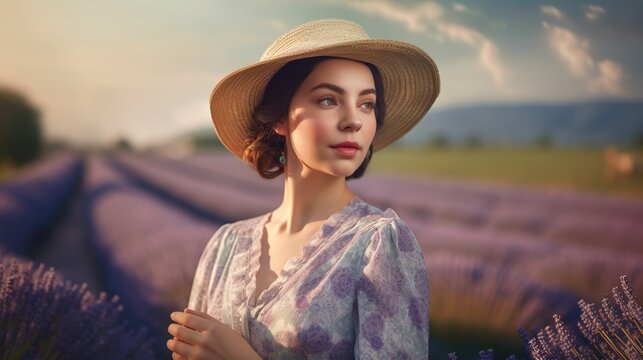 Beautiful young woman wearing dress and hat on provence outdoor background with lavender flowers. Half body portrait of pretty lady. AI generative image.