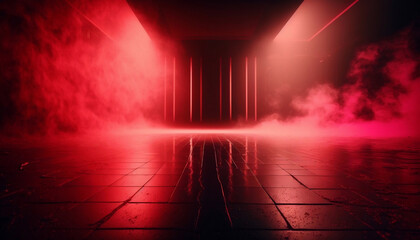 immerse yourself in an ethereal world: empty dark stage transformed with mist, fog, and red spotlights, perfect for showcasing artistic works and products. generative ai