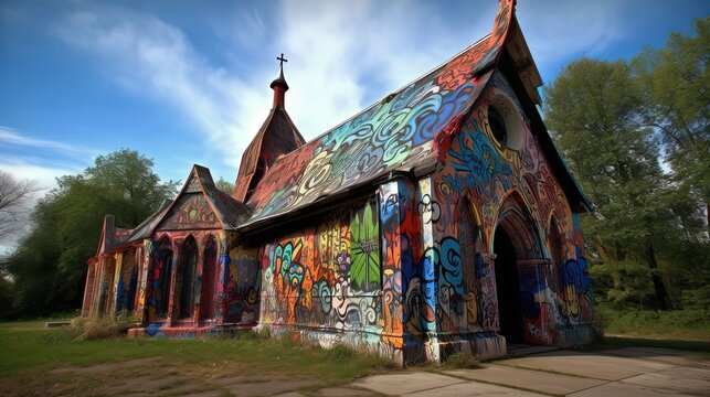 old church wall and roof painted in doodle graffiti, colorful messy artistic wall, Generative Ai