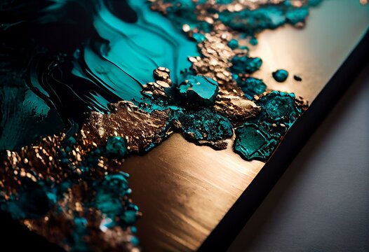 Plaque de couleur abstraite d'or turquoise et gris avec de la peinture sur toile. Idéal pour le papier peint. Generative AI