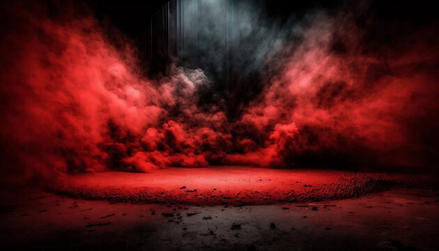 immerse yourself in an ethereal world: empty dark stage transformed with mist, fog, and red smoke, perfect for showcasing artistic works and products. generative ai