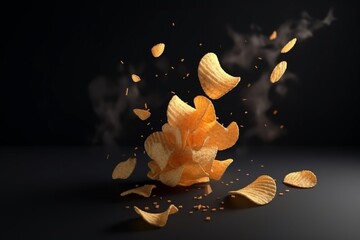 3d chips hot fried falling on black background top view copy space. AI generated