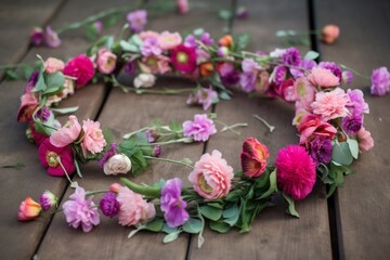 Fototapeta premium Garland with pink flowers on wooden background. AI generated