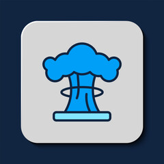 Filled outline Nuclear explosion icon isolated on blue background. Atomic bomb. Symbol of nuclear war, end of world. Vector