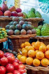Mercado dos Lavadores in Funchal city center with their tables full of tropical fruits and vegetables, Portugal, Madeira island