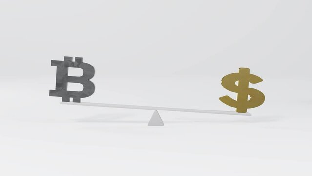 Bitcoin vs dollar, seesaw animation. Crypto versus USA dollar, seamless loop motion. Exchange icon, symbols unbalance on scale, lever. 4K 3840x2160