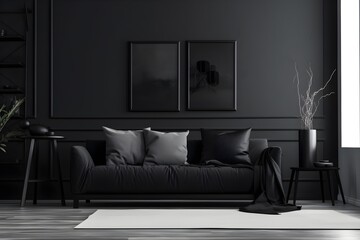 Monochrome Modern Living Room with Stylish Design Aesthetic, Photograph, AI Generated