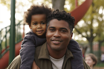 Cute boy sitting on happy African American father's shoulders at park during the day. Father's Day concept. Generated AI.
