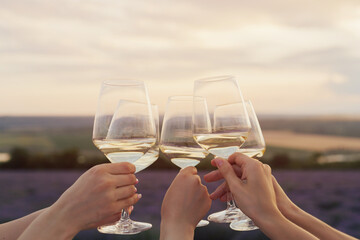 Young friends having picnic at sunset in the lavender field. Detail of hands while toasting with glasses of wine. Close-up. 