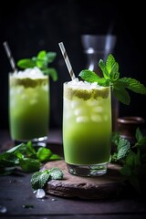  close up spring and summer drink, glass of infused water of mint leaves frappe, Generative Ai