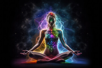 Human inner energy chakra meditation of mind body and soul, generative AI - obrazy, fototapety, plakaty