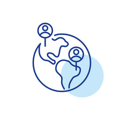 Two users location on Earth globe. Global dating app mates searching. Pixel perfect, editable stroke line icon