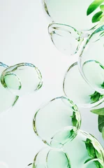 Tuinposter 白い空間に浮かぶ水滴と葉っぱの背景, クリーン アブストラクト 縦長 3Dレンダリング © AMONT