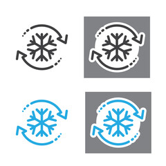 Freezer control icon, auto cooling or defrost, conditioning car or house, snowflake with two rotation arrows.
