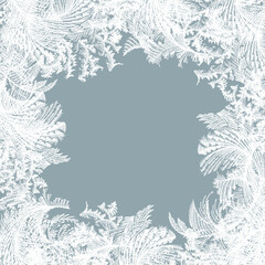 Frost ice window pattern, winter square design frame, fresh cool hand drawn complicated graphic background illustration