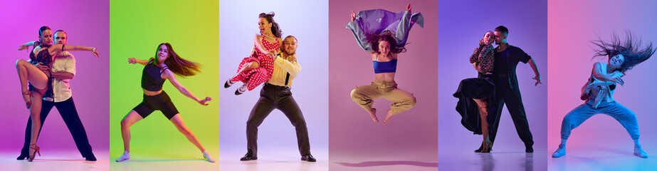 Set of images of young people dancing different dance styles, ballroom, hip-hop and contemporary...