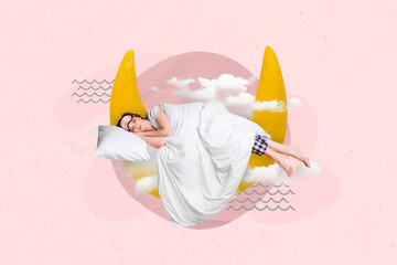 3d retro abstract creative artwork template collage of happy smiling lady sleeping moon isolated...