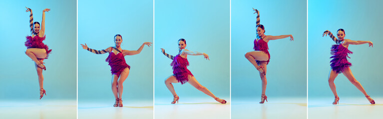 Set of images of young artistic woman in stylish dress dancing ballroom on blue background in neon light. Expressive performance. Collage. Concept of art, hobby, fashion, choreography