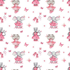 Watercolor seamless pattern. Hand painted illustration of cartoon elephant, panther cat, koala bear. Girls in dance studio in pink dress, ballet shoes. Print on white background for textile, packaging
