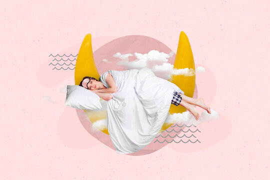 3d retro abstract creative artwork template collage of happy smiling lady sleeping moon isolated painting background