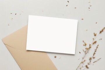 Mockup of an empty sheet of paper and dried flowers on the table. Minimalist postcard design. Generative AI