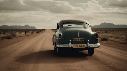 Plakat An old and classic car on a deserted road Generative AI