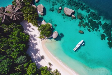 Fototapeta na wymiar Paradise beach of a tropical island, palm trees, white sand, azure water. Drone view. Generative AI.