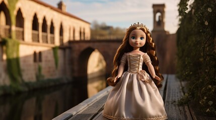 A fairy tale castle princess doll with a satin gown, a crown, and a long braid, standing in a castle courtyard with a moat and a drawbridge. Generative AI