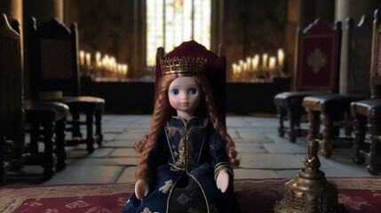 Fototapeta na wymiar A medieval princess doll with a velvet gown, a crown, and a braid, sitting on a throne in a castle great hall with tapestries and candelabra. Generative AI