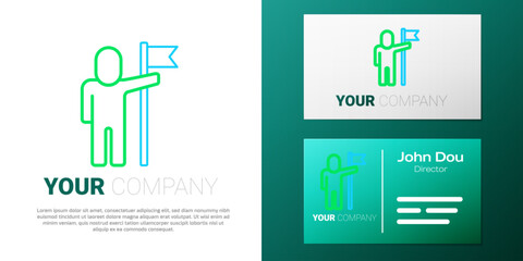 Line Man holding flag icon isolated on white background. Victory, winning and conquer adversity concept. Colorful outline concept. Vector