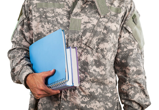 National military force man with notebooks isolated on background