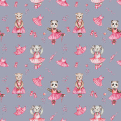 Watercolor seamless pattern. Hand painted illustration of bears in dance studio in pink dress, ballet shoes. Koala, panda, teddy bear. Animal cartoon character. Print on grey background for textile