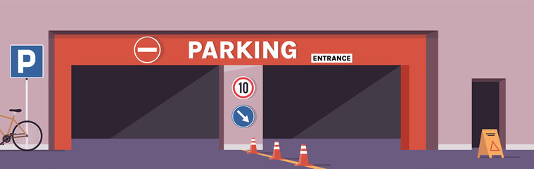 Car parking entrance and striped cones, city infrastructure, vehicle entrance at mall underground garage flat illustration.	
