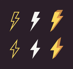 Lightning and different style isolated voltage symbol on black background flat illustration.	
