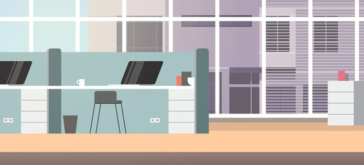 Modern office room interior and empty coworking center creative open space with furniture horizontal flat illustration.	
