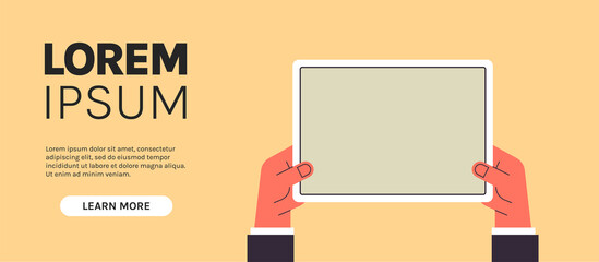 Hand holding tablet computer with blank screen and using digital tablet pc screen view flat illustration.	
