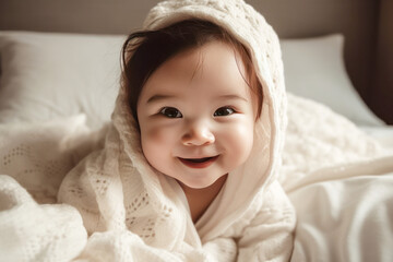 Cute happy smiling baby girl in bedroom. Newborn child relaxing in bed after bath or shower. Nursery for children.