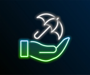 Glowing neon line Umbrella in hand icon isolated on black background. Insurance concept. Waterproof icon. Protection, safety, security concept. Colorful outline concept. Vector