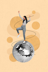 Vertical collage picture of cheerful mini girl stand big disco ball dancing isolated on drawing...