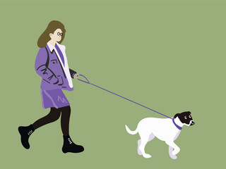 Woman is walking with dog, outdoor activity concept.