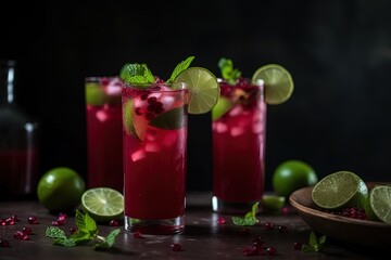 Fototapeta premium close up spring and summer drink, glass of infused water of lime cranberry juice with mint leaf, Generative Ai
